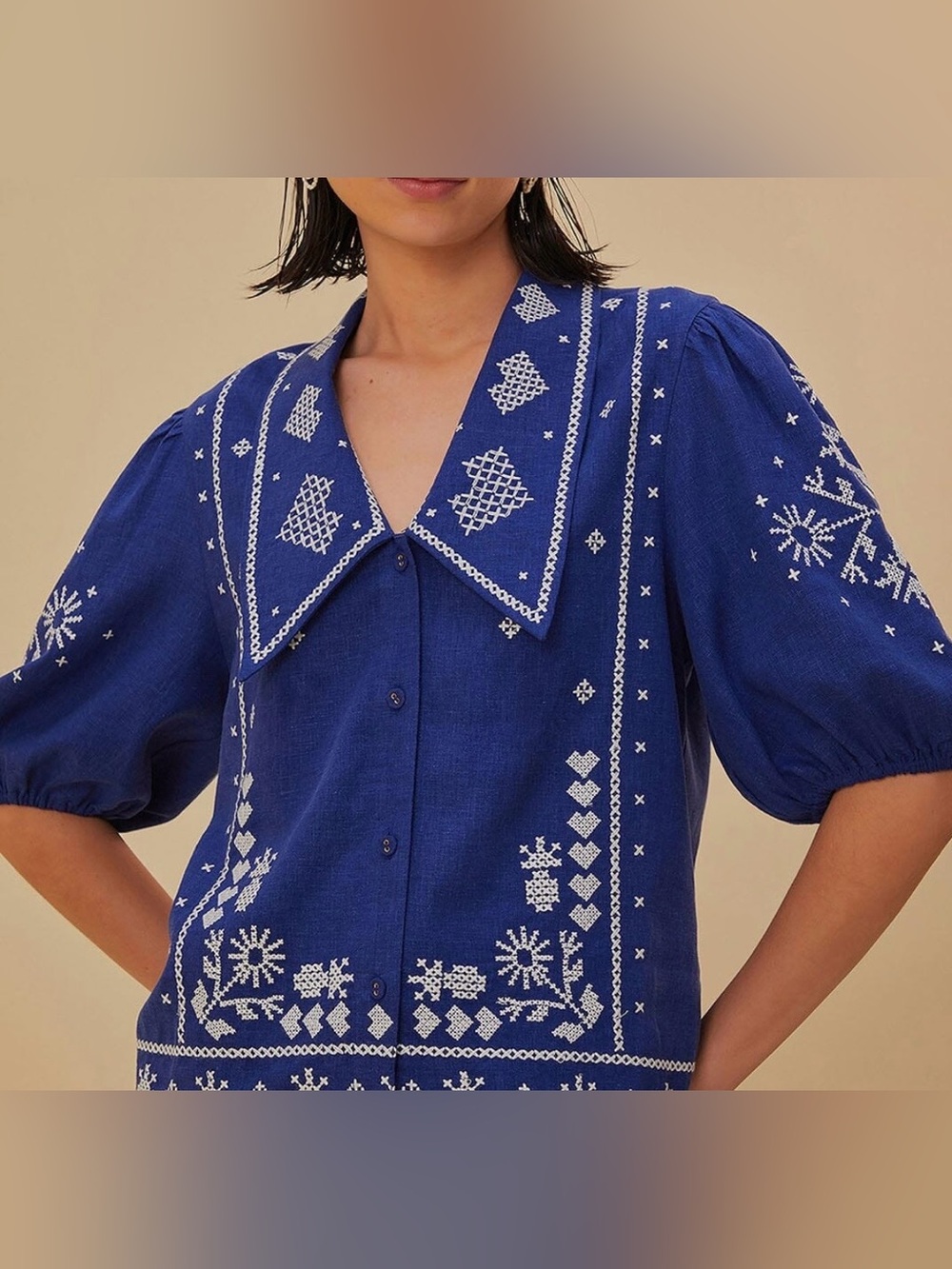 Farm Rio- Blue Embroidered Short-Sleeve Button-Up Shirt - Picture 14 of 16
